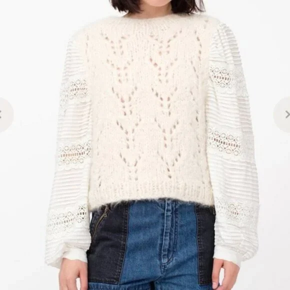 Sea New York Ellie Combo Sweater Cable Knit Puff Lace Sleeves Cream Alpaca Wool - Picture 14 of 14